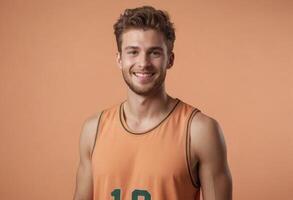 AI Generated A young man in a sporty orange tank top, smiling confidently. The relaxed fitness attire suggests an active lifestyle and friendly personality. photo