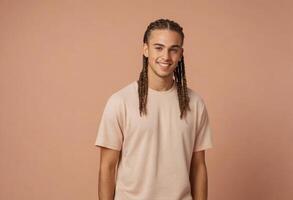 ai generado un joven hombre con largo trenzado pelo en un beige camiseta. su casual estilo y agradable comportamiento dar apagado un ambiente de de trato fácil encanto. foto