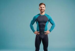 AI Generated A man in a fitted blue wetsuit, standing with hands on hips. His confident stance and athletic build are indicative of an adventurous spirit and active lifestyle. photo