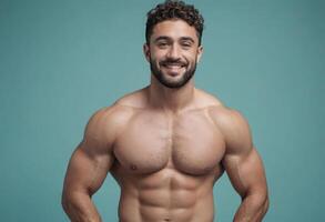 ai generado un muscular hombre sin un camisa, exhibiendo su fornido físico. su confidente sonrisa y robusto formar exudar preparación para un rutina de ejercicio sesión. foto