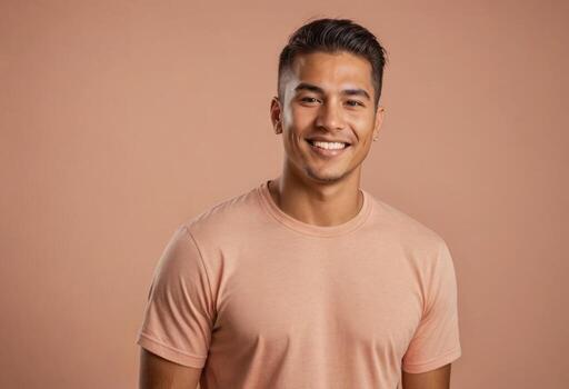 AI Generated A man in a fitted peach tee beams with a confident smile, exuding approachability and warmth. photo