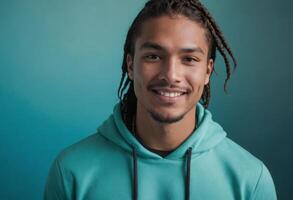 AI Generated A relaxed man in a teal hoodie, with braided hair and a serene expression. photo