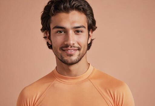 AI Generated A man with a gentle expression poses in a soft orange mock neck shirt, portraying casual elegance. photo