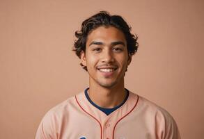 ai generado un hombre con Rizado pelo usa un béisbol tee y sonrisas calurosamente, presentación un encantador y deportivo mirar. foto