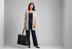 AI Generated A poised woman holding a black tote bag, dressed in a business casual outfit with a neutral cardigan. photo