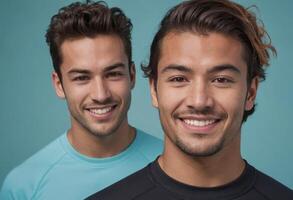 AI Generated Two cheerful young men in matching teal shirts, smiling confidently at the camera. photo