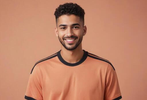 AI Generated A cheerful man wearing a peach shirt with black trim, smiling warmly at the camera. photo