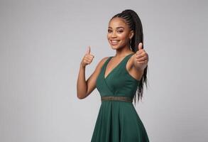 AI Generated A vibrant woman in a green dress giving two thumbs up, her braids adding to her joyful demeanor. photo