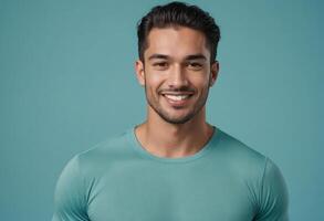 AI Generated Portrait of a cheerful young man in a teal t-shirt, casually posing with a subtle smile. photo