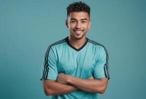 ai generado un alegre hombre poses con confianza en un fútbol jersey, reflejando un deportivo y dinámica personalidad. foto