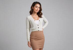 AI Generated A young woman poses in a white knitted sweater and tan skirt. Her relaxed posture and casual style are highlighted against a grey backdrop. photo