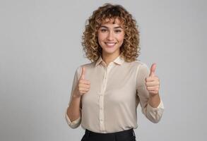 AI Generated A joyful woman with curly hair giving double thumbs up, wearing a cream blouse and smiling. photo