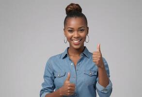 AI Generated A woman in a denim shirt gives a thumbs up with a bright smile. Her casual look and cheerful demeanor reflect a relaxed confidence. photo