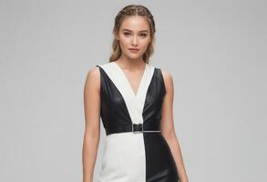 AI Generated A sophisticated woman in a black and white dress with a belted waist, posing with elegance. photo