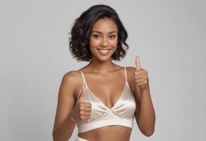 AI Generated A woman in a white bra top gives a confident thumbs up. Her radiant smile and natural curls express genuine positivity and style. photo
