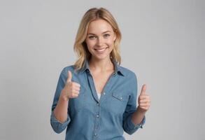 ai generado un alegre mujer en un mezclilla camisa dando un doble pulgares arriba. su brillante expresión y casual estilo exudar positividad y acuerdo. foto