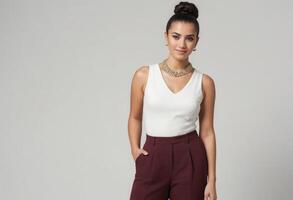 AI Generated A young woman in high-waisted pants and a sleeveless top strikes a confident pose. Her urban chic look is complemented by a bold necklace. photo