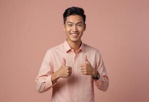 ai generado contento asiático hombre dando doble pulgares arriba con un ancho sonrisa. estudio retrato en contra un melocotón fondo. foto