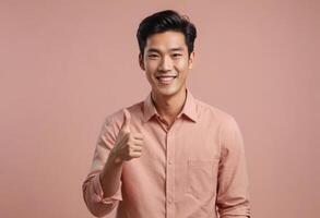 AI Generated Positive Asian man with a thumbs up gesture. Confident smile and warm studio lighting. photo