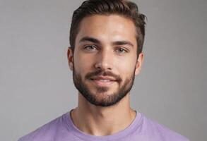 AI Generated Portrait of a young man with a confident smile. Studio shot with neutral background. photo