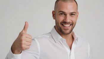 AI Generated Friendly man with a smile giving a thumbs up. Bright white shirt and lively expression. photo