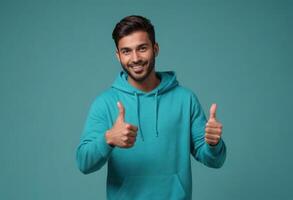 AI Generated Happy man in a turquoise hoodie giving two thumbs up. Soft focus on a matching teal background. photo