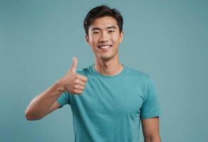AI Generated Positive young man in a teal t-shirt giving a thumbs up. Blurred background with a cohesive color scheme. photo