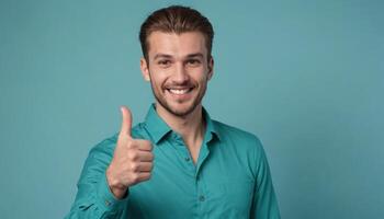 AI Generated Confident man in a teal shirt giving a thumbs up. Clear teal background creates a fresh look. photo