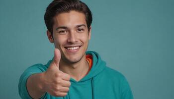 AI Generated Charming man with a thumbs up wearing a turquoise hoodie. Blurred teal background emphasizes the casual mood. photo