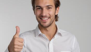 AI Generated Handsome man in formal white shirt giving thumbs up. Confident and approachable expression. photo