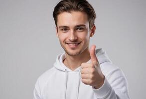 AI Generated Young man in white hoodie giving a thumbs up. Casual style and cheerful demeanor. photo