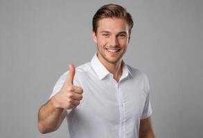 AI Generated Charming young man in a white shirt giving a thumbs up. Confident and happy expression. photo