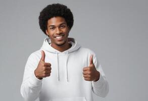 AI Generated Happy African American man in white hoodie giving two thumbs up. Casual and joyful appearance. photo