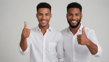 ai generado dos contento hombres en blanco camisas dando pulgares arriba. amistad y positivo acuerdo. foto