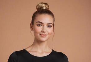 AI Generated Graceful woman with sleek bun wearing a black top. Simplicity and elegance. photo