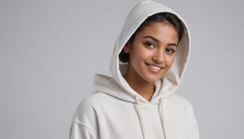 AI Generated Young woman in white hoodie with a casual, cheerful expression. Comfortable and stylish. photo