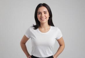 ai generado sonriente mujer en pie con confianza en un blanco camiseta, manos en caderas. foto