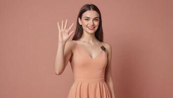 AI Generated Friendly woman in a peach dress waving hand, welcoming gesture. photo