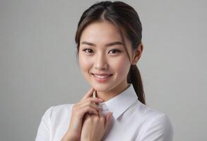 AI Generated Young Asian woman in white shirt, smiling confidently. Professional and friendly appearance. photo