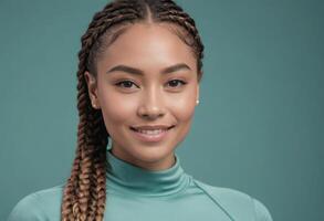 AI Generated A woman with braided hair smiles gently, wearing a teal turtleneck. The teal backdrop creates a serene atmosphere. photo