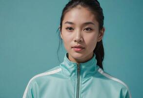AI Generated A focused athlete in a teal jacket looks confidently ahead. Her poised stance and the cool teal background exude determination. photo
