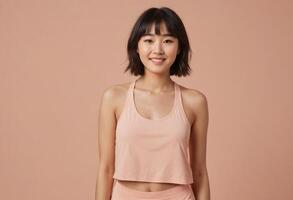 AI Generated Young woman in a casual tank top stands with a relaxed posture. The peach background gives a warm, inviting feel. photo