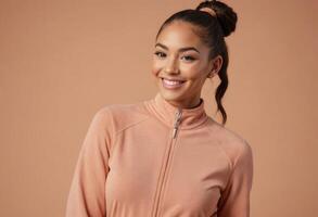 AI Generated Woman in a casual zip-up jacket smiles with confidence, her neat bun showing practical style. Warm peach background adds to the inviting atmosphere. photo