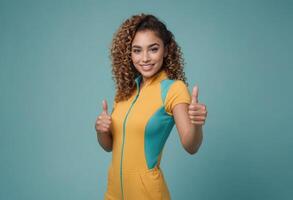 ai generado mujer en amarillo y azul atuendo da un pulgares arriba, su Rizado pelo y alegre comportamiento irradiar positividad foto