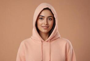 AI Generated A woman in a peach hoodie presents a relaxed and casual style. Her subtle smile and warm attire suggest comfort and ease. photo
