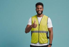 AI Generated An enthusiastic man in a yellow safety vest gives a thumbs-up, indicating positivity and readiness for action. photo