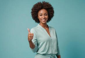 AI Generated Professional woman in a teal blouse gives a thumbs-up, her afro hairstyle and warm smile project confidence and approachability. Teal background complements her attire. photo
