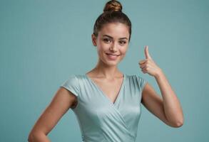 AI Generated A smiling woman in a teal v-neck top gives a thumbs up, her bun hairstyle and bright demeanor show confidence and approachability. photo