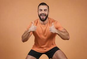 AI Generated A joyful man in a peach shirt gives double thumbs-up, his bright smile and squatting pose express enthusiasm and energy. photo