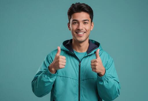 AI Generated A smiling man in a teal jacket gives double thumbs-up, showcasing a casual yet upbeat demeanor against a teal backdrop. photo